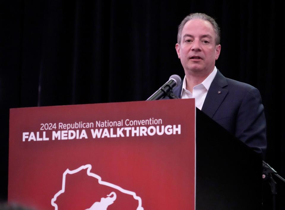 Republican host committee chairman Reince Priebus speaks as part of the Republican National Convention fall media walkthrough at Fiserv Forum in Milwaukee on Thursday, Nov. 30, 2023. The convention will be held July 15-18.