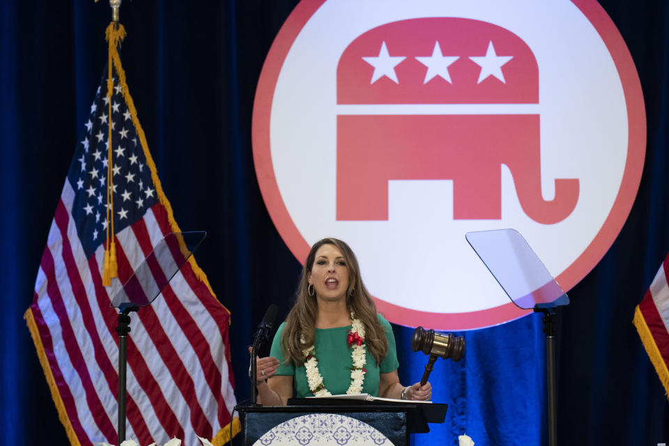 Re-elected Republican National Committee Chair Ronna McDaniel speaks at the committee's winter meeting in Dana Point, Calif., Friday, Jan. 27, 2023. (AP Photo/Jae C. Hong)