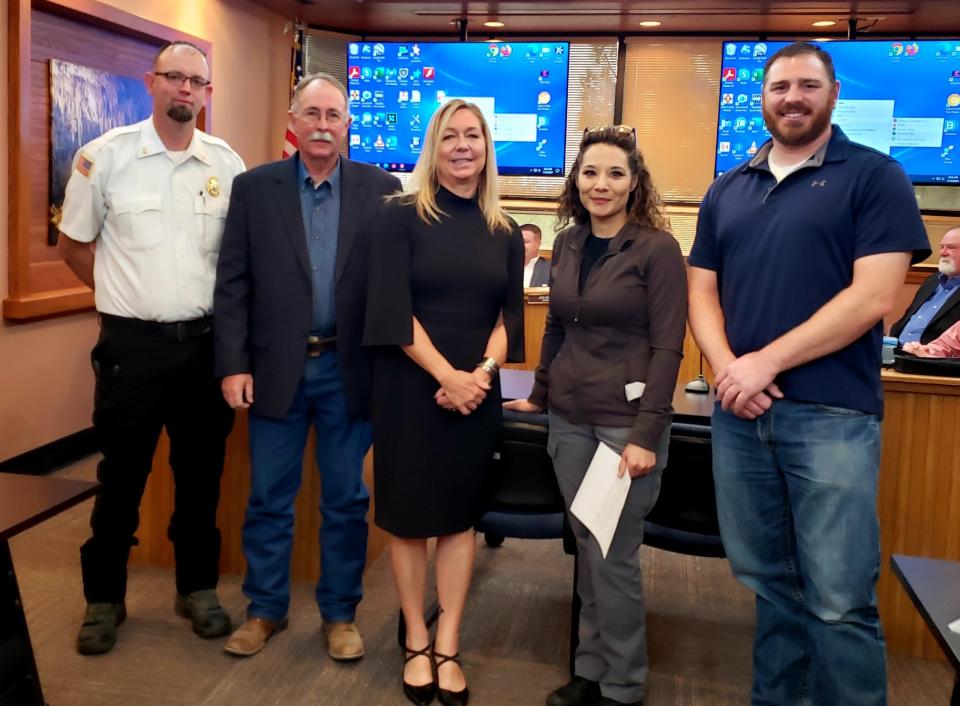 From left: Eddy County Fire and Rescue Chief Joshua Mack, Eddy County Commission Vice-Chair Fred Beard, Chevron Public and Government Affairs Beverly Allen, Eddy County Emergency Manager and Chevron Health and Safety Director Steven Cope during the Nov. 2, 2021 Eddy County Board of County Commissioners meeting in Carlsbad.