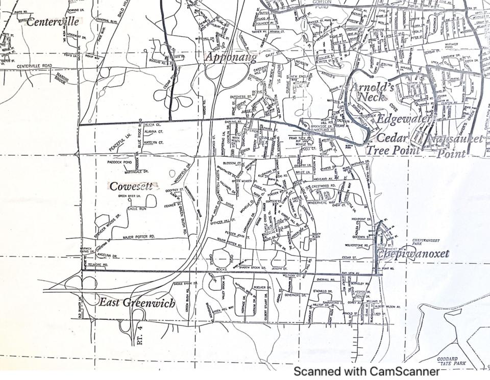 This map shows the boundaries of the different villages in Warwick, including Cowesett.