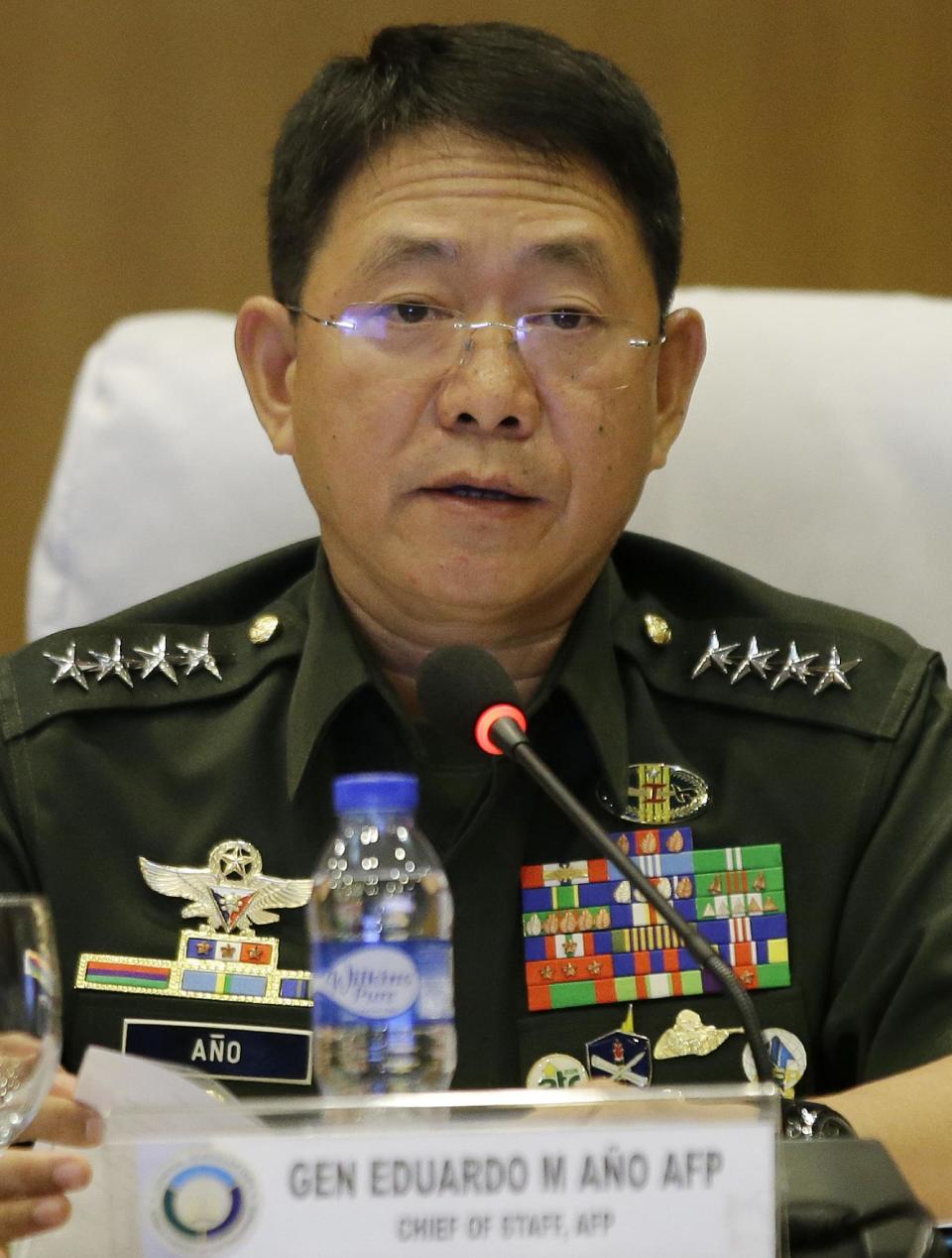 Philippine military chief General Eduardo Ano answers questions from reporters at Camp Aguinaldo military headquarters in Quezon city, north of Manila, Philippines on Tuesday, Feb. 28, 2017. Abu Sayyaf extremists in the Philippines released a video showing the beheading of German hostage Jurgen Gustav Kantner in the first sign the brutal Filipino militants carried out a threat to kill him after a ransom deadline lapsed over the weekend. The Philippine military confirmed Kantner had been "mercilessly and inhumanly murdered." (AP Photo/Aaron Favila)