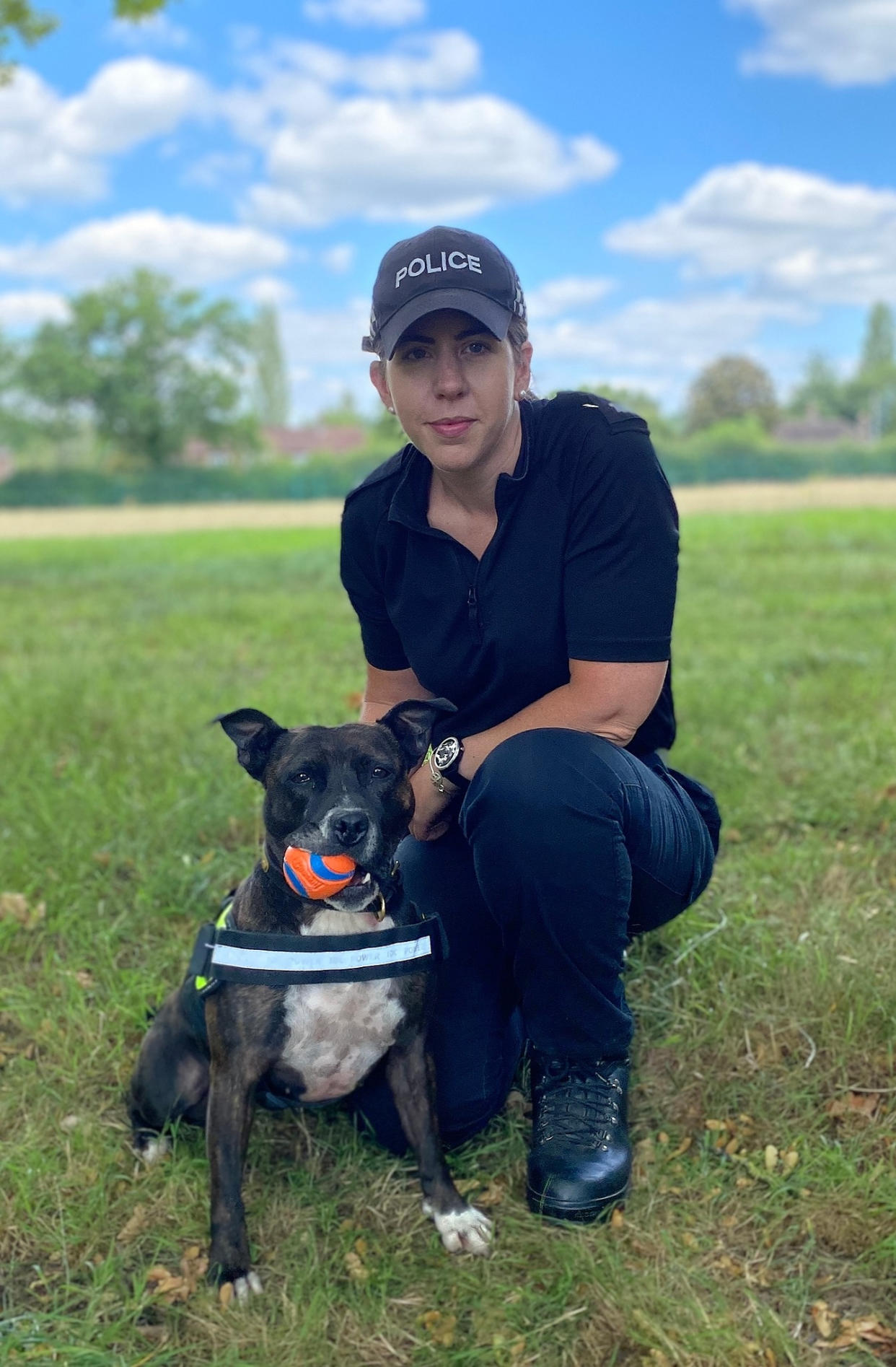 Undated handout photo issued by Thames Valley Police of police dog handler PC Camilla Carter and five-year-old Roxy, an unwanted Staffie which was rescued by RSPCA officers after being abandoned in 2017 and which has now become the only Staffie working as an explosives search dog in the UK helping to protect the royal family and the only type of her breed working in the Hampshire and Thames Valley police dog unit. Issue date: Tuesday June 1, 2021.