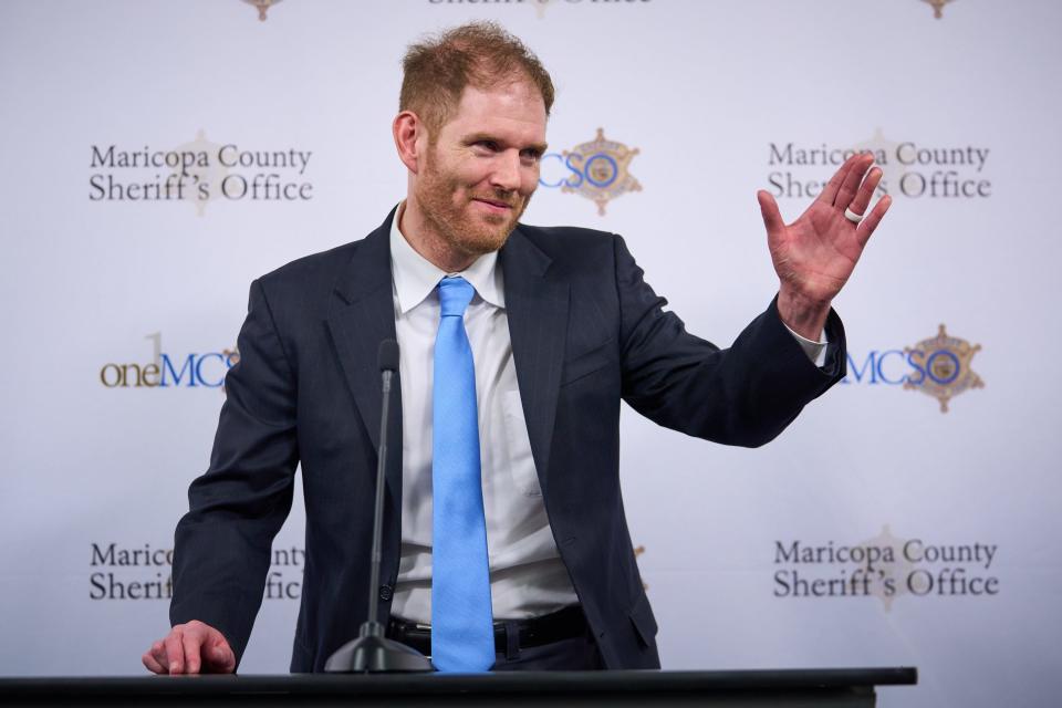 Maricopa County Recorder Stephen Richer speaks on his relationship with Maricopa County Sheriff Paul Penzone and the MCSO in the media room in the Maricopa County Sheriff's Office headquarters in Phoenix on Monday, Oct. 24, 2022.