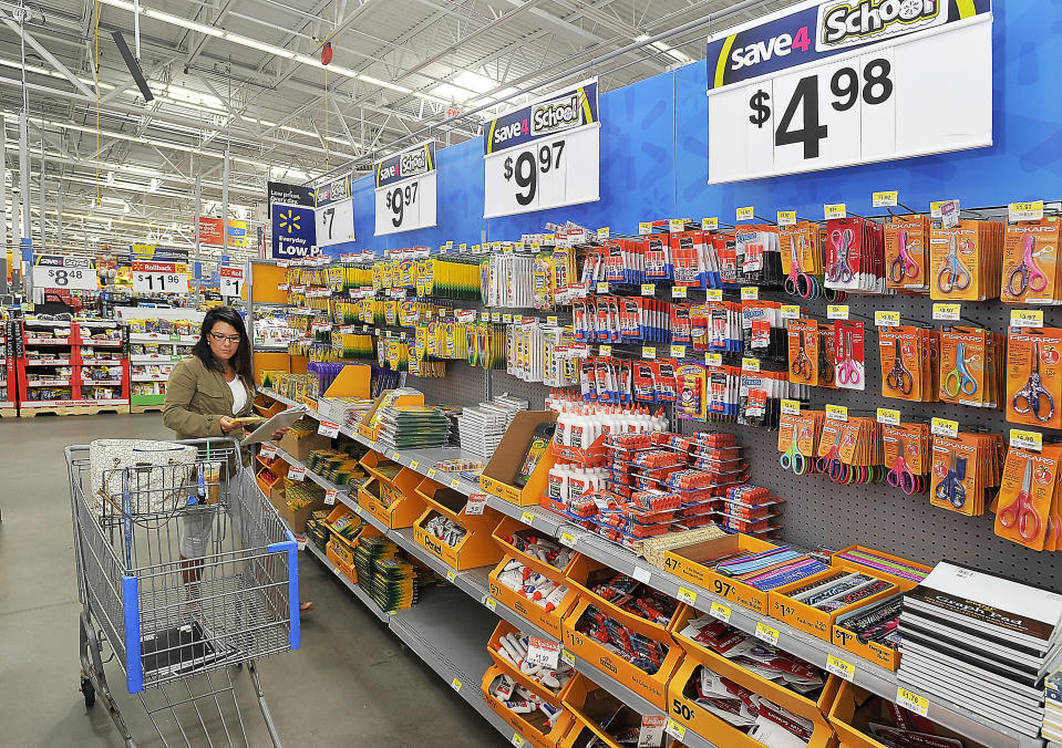 SCARBOROUGH, ME - AUGUST 20: Sarah Patten of Portland, a student at USM, shops for back to school items for herself and a seven-year-old she nannies for at Walmart in Scarborough. (Photo by Gordon Chibroski/Portland Press Herald via Getty Images)