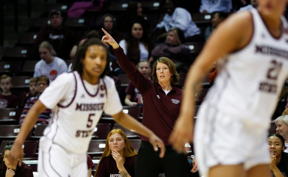 Missouri State Head Coach Beth Cunningham as the Bears take on the Drake Bulldogs at Great Southern Bank Arena on Saturday, Jan. 28, 2023.