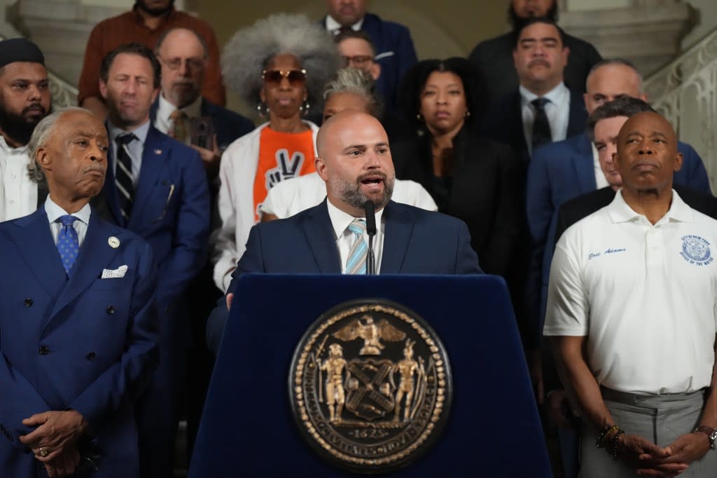 City Council Member Joe Borelli (at podium) joined Mayor Eric Adams and Rev. Al Sharpton at a unity rally at New York City Hall on July 14, 2024. James Keivom