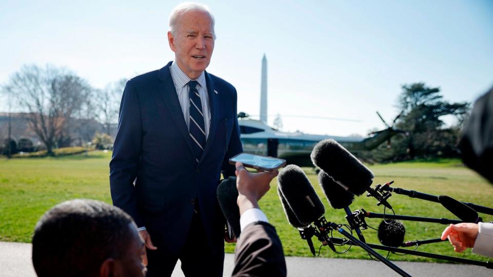 PHOTO: President Joe Biden talks briefly with reporters after returning to the White House in Washington, D.C., Feb. 19, 2024. (Chip Somodevilla/Getty Images)