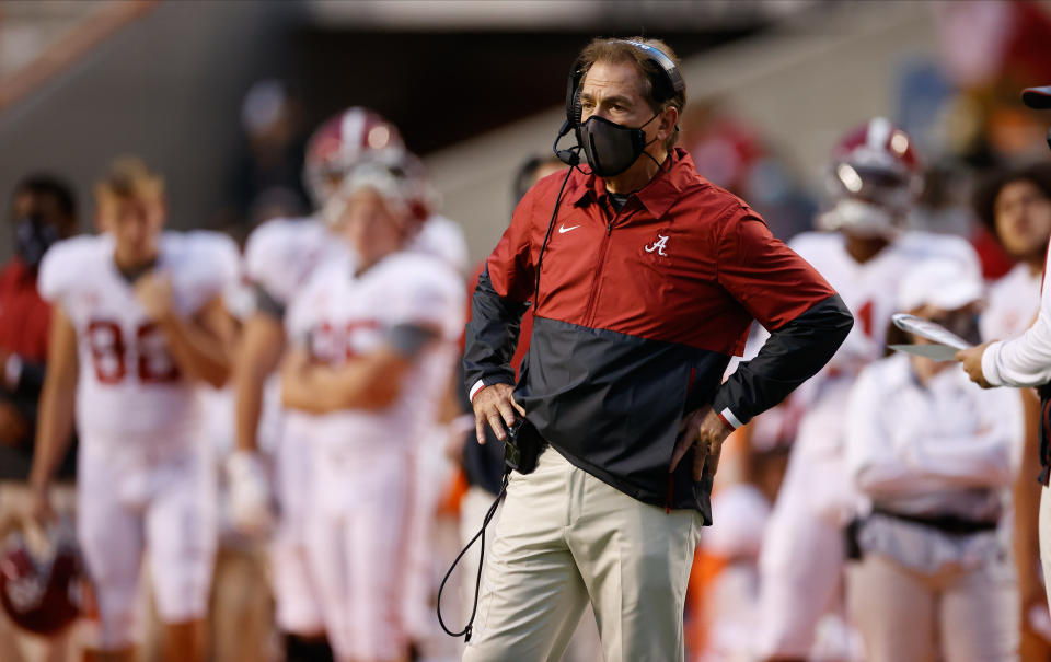 KNOXVILLE, TN - OCTOBER 24: Head Coach Nick Saban of the Alabama Crimson Tide watches a play from the sideline against the Tennessee Volunteers at Neyland Stadium on October 24, 2020 in Knoxville, Tennessee. (Photo by Kent Gidley/Collegiate Images/Getty Images)