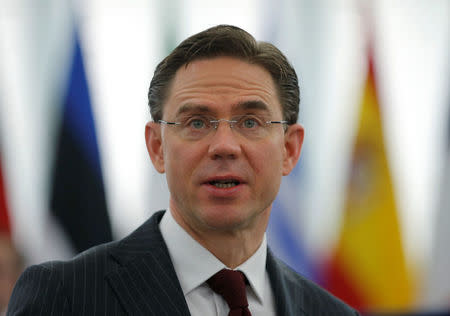 European Commission Vice President Jyrki Katainen addresses the European Parliament during a debate on the US decision to impose tariffs on steel and aluminium in Strasbourg, France March 14, 2018. REUTERS/Vincent Kessler