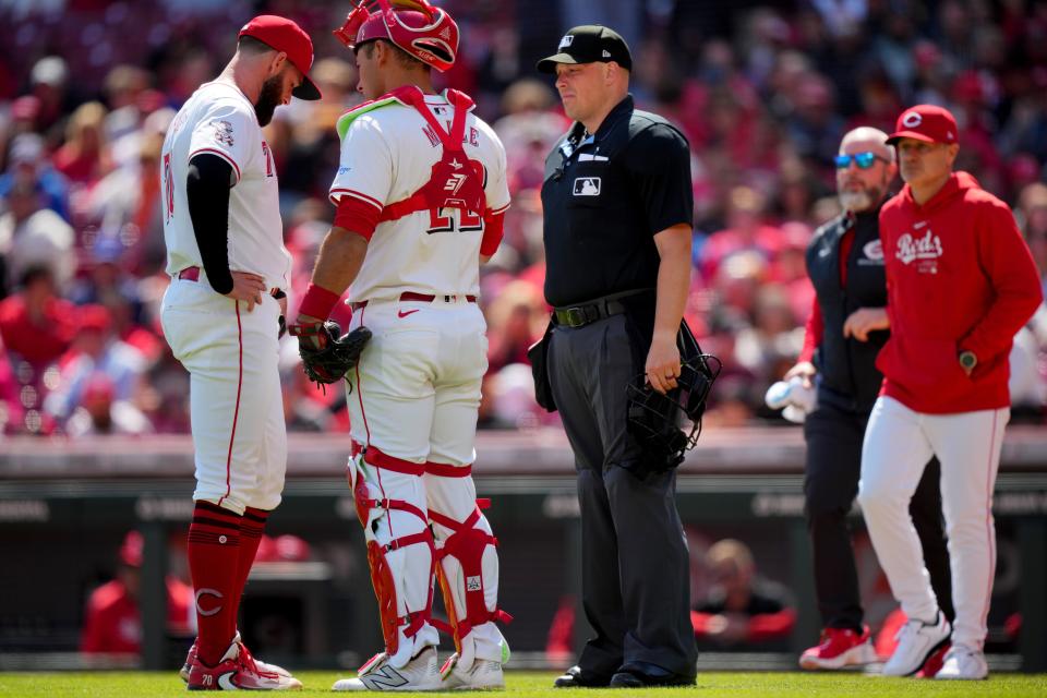 Cincinnati Reds pitcher Tejay Antone (70) exits the game after throwing one pitch in the sixth inning of an MLB baseball game against the New York Mets, Sunday, April 7, 2024, at Great American Ball Park in Cincinnati.