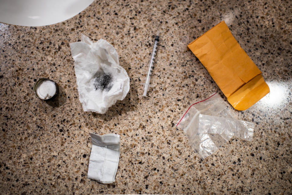 MANCHESTER, NH - FEBRUARY 10: A kit is seen on the sink during a woman being  questioned by police who are accompanied by Manchester firefighters after she was preparing to shoot heroine/fentanyl inside a Walmart's bathroom on Sunday, February 10, 2019, in Manchester, NH. (Photo by Salwan Georges/The Washington Post via Getty Images)