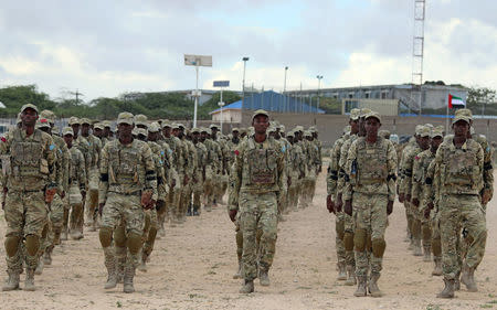 Somali military officers attend a training programme by the United Arab Emirates (UAE) at their military base in Mogadishu, Somalia November 1, 2017. Picture taken November 1, 2017. REUTERS/Feisal Omar