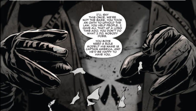 An image from 'The Punisher' #13 where Frank Castle has very specific words for police officers choosing to wear his image (Photo: Marvel Comics) 