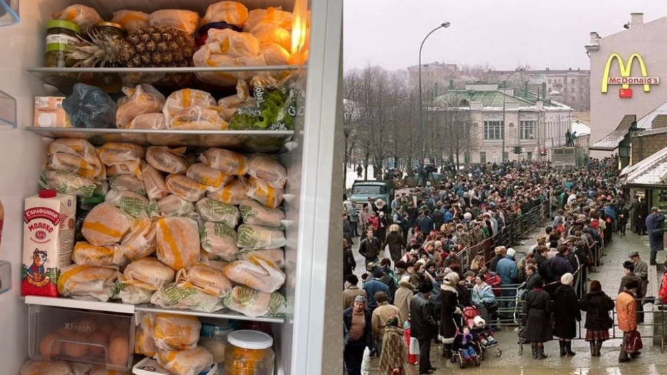 俄羅斯人的冰箱囤滿麥當勞漢堡，右為麥當勞首次進軍俄國的經典畫面。（圖／翻攝自reddit、推特）