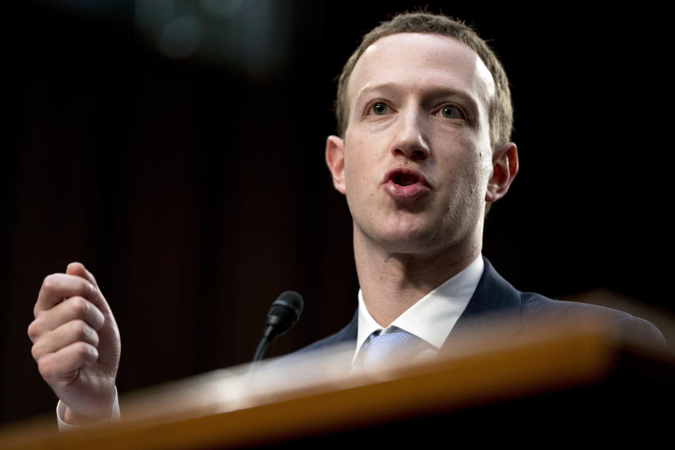 Facebook CEO Mark Zuckerberg testifies before a joint hearing of the Commerce and Judiciary Committees on Capitol Hill in Washington, Tuesday, April 10, 2018, about the use of Facebook data to target American voters in the 2016 election. (AP Photo/Andrew Harnik)