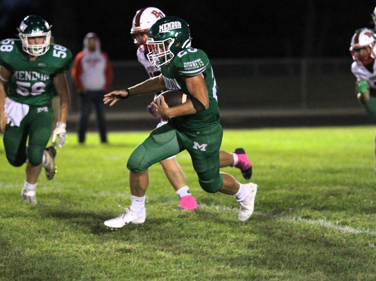 Mendon's Owen Gorham rushed for 303 yards and five touchdowns on Friday.