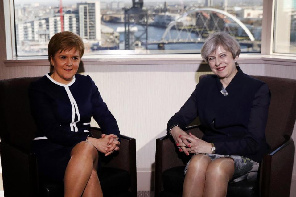 Nicola Sturgeon and Theresa May met for a chat on Monday ahead of Tuesday's vote. (Russell Cheyne/PA)