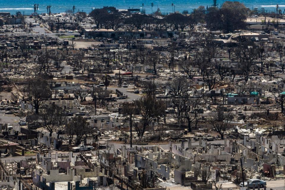 A general view shows the aftermath of the devastating wildfire in Lahaina, Hawaii on August 22, 2023 (Copyright 2023 The Associated Press. All rights reserved)