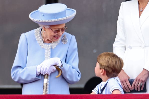 <div class="inline-image__caption"><p>Queen Elizabeth II and Prince Louis of Cambridge look out on the balcony of Buckingham Palace during the Trooping the Colour parade on June 02, 2022 in London, England.</p></div> <div class="inline-image__credit">Chris Jackson/Getty Images</div>