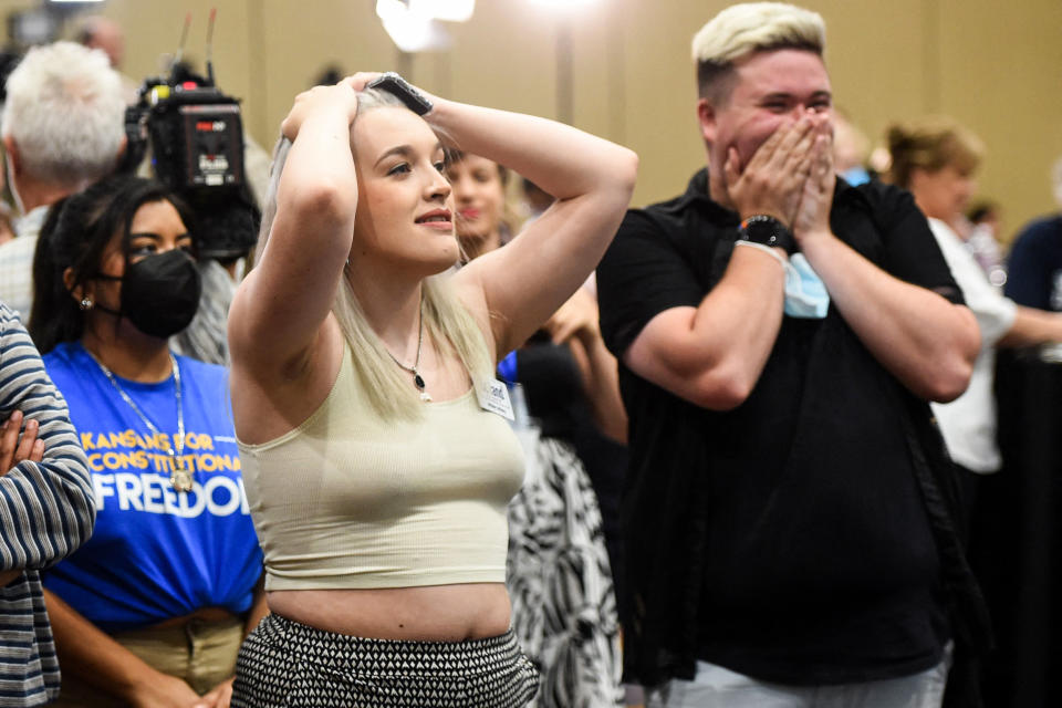 Abortion rights supporters react to their county voting against the proposed constitutional amendment that, if passed, would have removed abortion protections in Overland Park, Kansas, on Aug. 2, 2022. (Dave Kaup / AFP - Getty Images file)