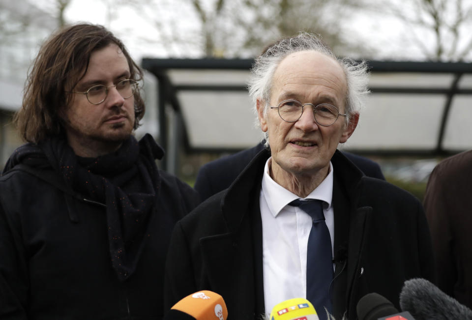 John Shipton, right, and Gabriel Assange, left, the father and half-brother of Julian Assange, speak with the media outside Belmarsh Magistrates Court in London, Monday, Feb. 24, 2020. The U.S. government and WikiLeaks founder Julian Assange will face off Monday in a high-security London courthouse, a decade after WikiLeaks infuriated American officials by publishing a trove of classified military documents. (AP Photo/Matt Dunham)