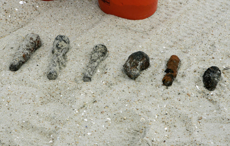 Discarded munitions from World War I make their way to beaches around the country, including Mantoloking, N.J. This Feb. 10, 2009, photo shows some of the more than 1,100 old fuses and small anti-aircraft shells that have been found as the U.S. Army Corps of Engineers searches for any remaining World War I era munitions along the Atlantic Ocean in Surf City, N.J.