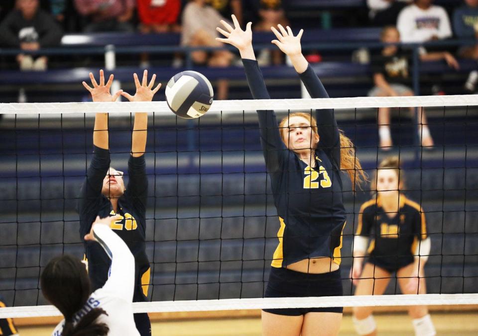 Notre Dame's Maddy Mosena (left) and Abby Korschgen go up for a block Thursday against Columbus.