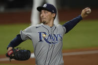 Tampa Bay Rays starting pitcher Blake Snell throws against the Los Angeles Dodgers during the first inning in Game 6 of the baseball World Series Tuesday, Oct. 27, 2020, in Arlington, Texas. (AP Photo/Eric Gay)