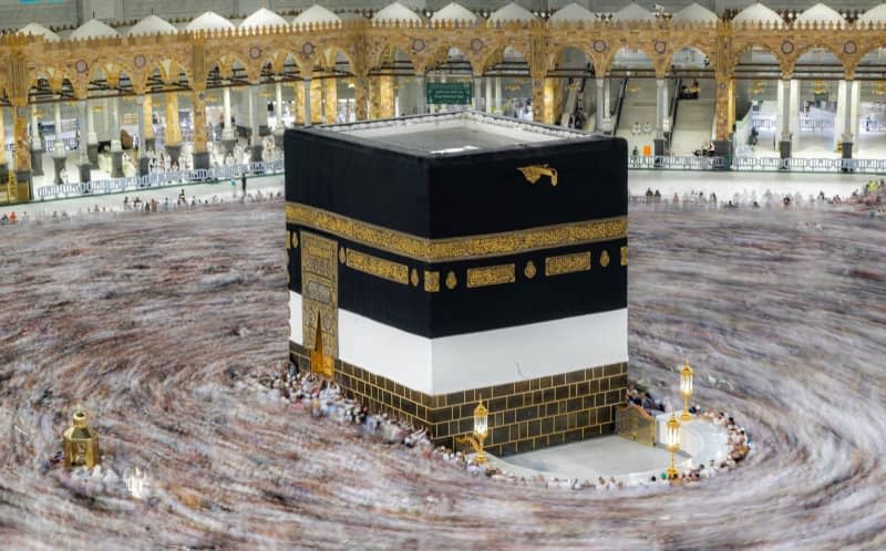 Muslim pilgrims circle the Kaaba, Islam's holiest shrine, in the Grand Mosque of the holy city of Mecca, during the Hajj pilgrimage.  Muslims from all over the world gather in Mecca for the annual Hajj pilgrimage, one of the five pillars of Islam that must be performed by all adult Muslims at least once in their lives.  It takes place in the last month of the Islamic calendar.  -/Saudi Press Agency/dpa