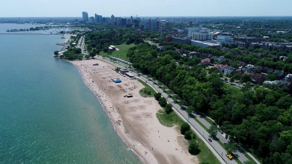 Bradford Beach stretches along the Lake Michigan shoreline on July 24, 2019.
