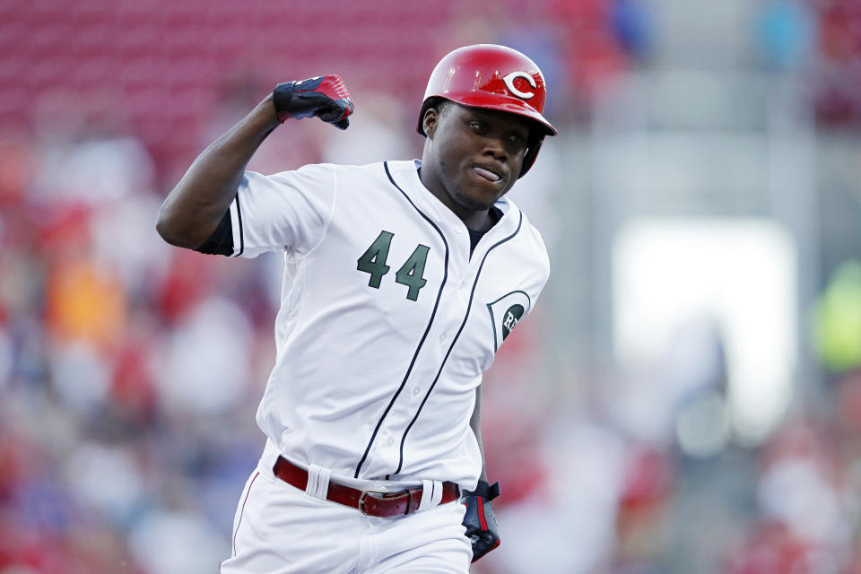 Reds rookie Aristides Aquino is making fans forget about Yasiel Puig after tying home run record for first 10 games. (Photo by Joe Robbins/Getty Images)