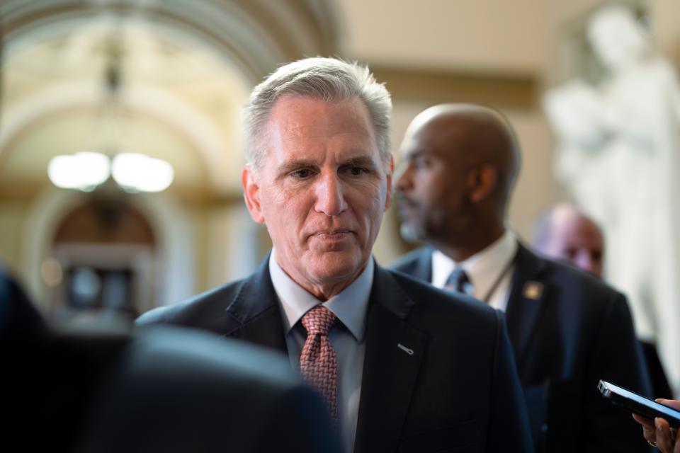 Speaker of the House Kevin McCarthy, R-Calif., walks from the chamber to his office just after House Republicans failed to advance their own defense bill for second time in a week, at the Capitol in Washington, Thursday, Sept. 21, 2023.