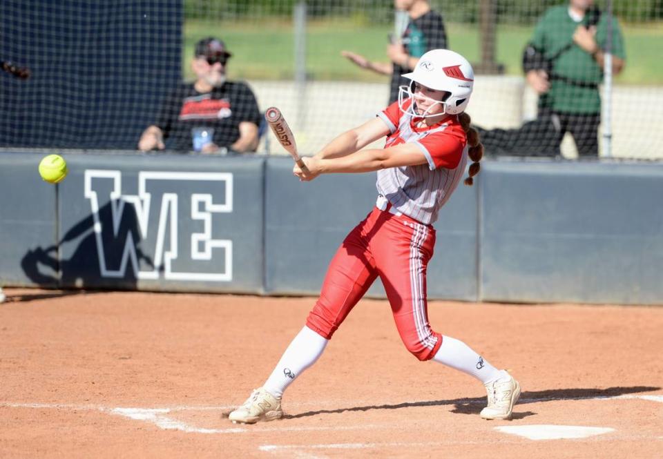 Ripon’s Jaycee Wilmshurst makes contact with a pitch during the CIF Sac-Joaquin Section Division IV semifinals against Central Catholic at Central Catholic High School on Tuesday, May 21, 2024.