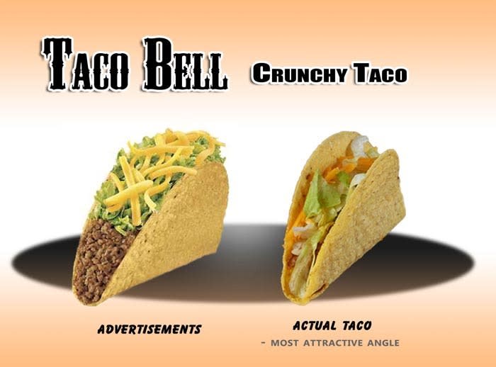 <b>Taco Bell Crunchy Tacos</b><br> <br> The advertised taco vs. actual Taco Bell Crunchy Taco.<br> <br> (Image via <a href="http://www.alphaila.com/articles/failure/fast-food-false-advertising-vs-reality/" rel="nofollow noopener" target="_blank" data-ylk="slk:Dario D;elm:context_link;itc:0;sec:content-canvas" class="link ">Dario D</a>.)