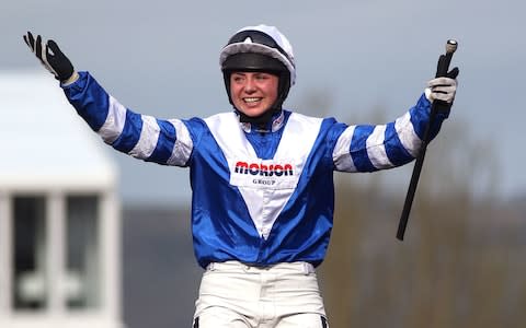 Bryony Frost salutes the ring after winning the Ryanair Chase aboard Frodon during St Patrick's Thursday  - Credit: Nigel French/PA Wire