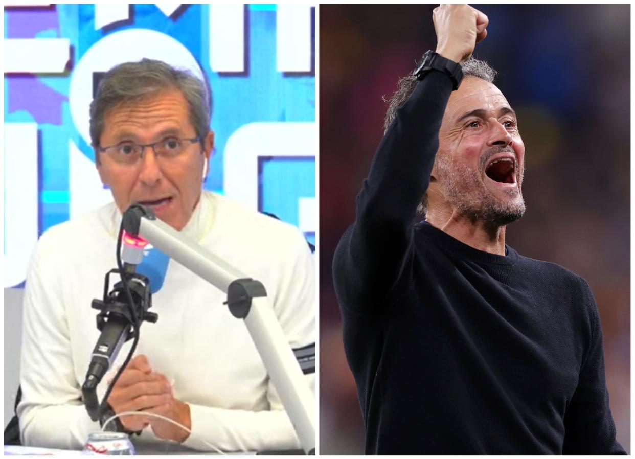 Paco González, director de ‘Tiempo de Juego’ en la Cadena COPE, y Luis Enrique celebrando el triunfo de España en el Mundial ante Costa Rica. (Foto: YouTube / Tiempo de Juego COPE / Maddie Meyer / FIFA / Getty Images).