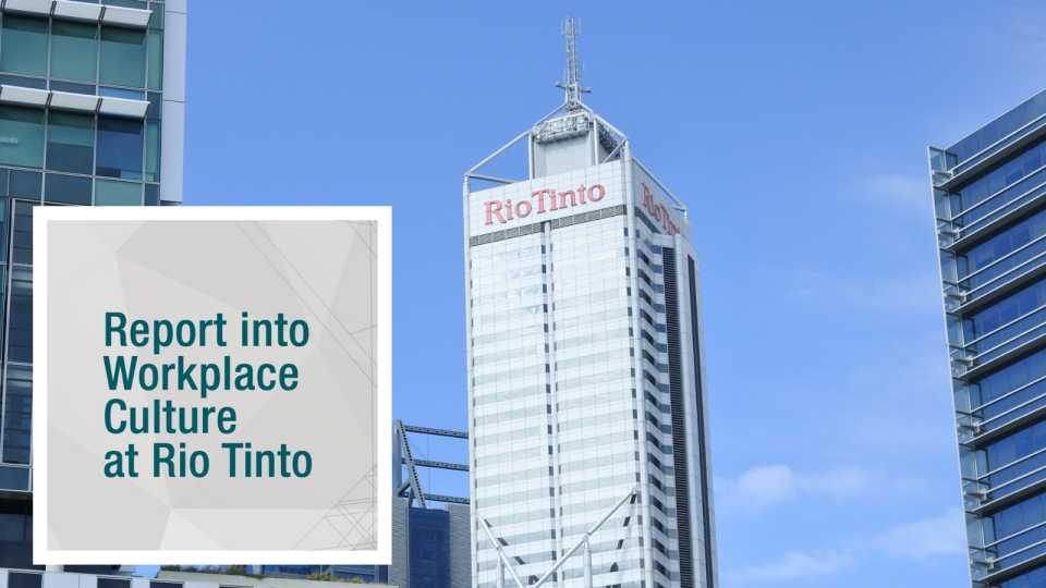 The Rio Tinto building in Perth, WA, and a screenshot of the first page of the report.
