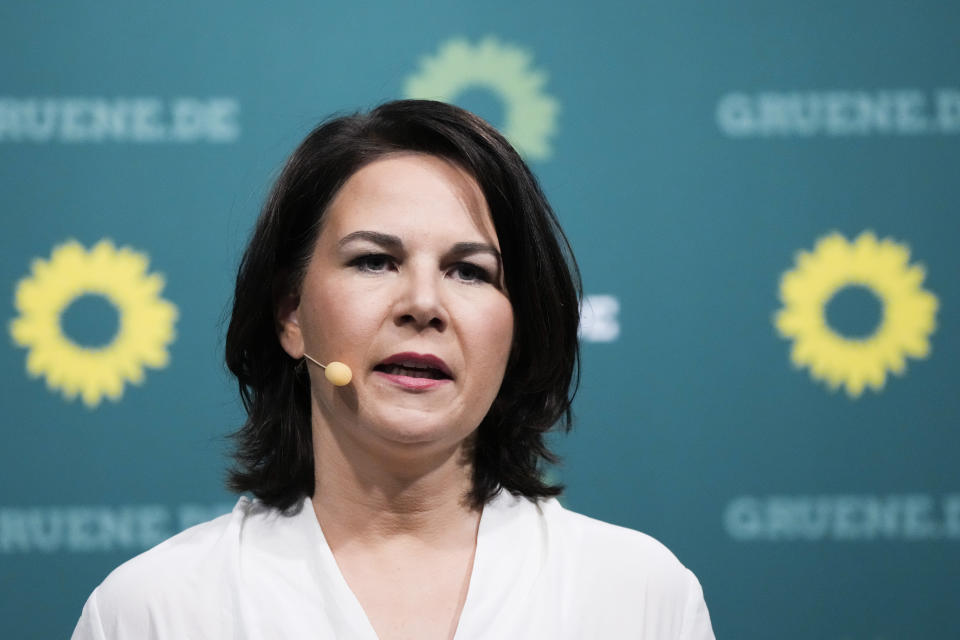 Germany's Green Party co-chairwoman Annalena Baerbock speaks to media after first exit poll for the Saxony-Anhalt state elections announced, in Berlin, Germany, Sunday, June 6, 2021. (AP Photo/Markus Schreiber, Pool)