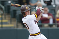 FILE - In this Feb. 17, 2019, file photo, Arizona State's Spencer Torkelson bats during an NCAA college baseball game against Notre Dame in Phoenix. The Detroit Tigers are rebuilding around an impressive group of minor league pitchers. Now, it might be time to add a star hitting prospect to the mix. Whether it’s Arizona State slugger Spencer Torkelson or somebody else, Detroit has a chance to add another potential standout when it makes the No. 1 selection in Wednesday night’s Major League Baseball draft. (AP Photo/Rick Scuteri, File)