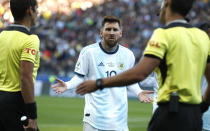 Argentina's Lionel Messi reacts after receiving a red card during Copa America third-place soccer match against Chile at the Arena Corinthians in Sao Paulo, Brazil, Saturday, July 6, 2019. (AP Photo/Victor R. Caivano)