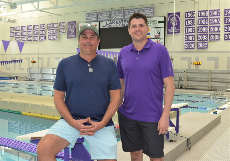 Former Lakeview swim coach Kyle Lott, left, and current Spartan swimming and diving coach Andy Fredenburg, are helping to introduce the new Cereal City Swimming School, which will be held at Lakeview High School starting in June.