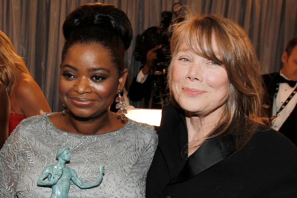 Mandatory Credit: Photo by Matt Sayles/AP/Shutterstock (6257198ba) Viola Davis, Octavia Spencer, Sissy Spacek Viola Davis, left, Octavia Spencer, center, and Sissy Spacek are seen backstage after accepting the award for outstanding performance by a cast in a motion picture for "The Help" at the 18th Annual Screen Actors Guild Awards on in Los Angeles. Viola Davis also won the award for outstanding performance by a female actor in a leading role for "The Help SAG Awards Insider, Los Angeles, USA
