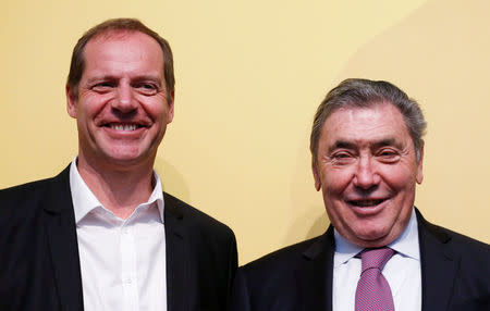 Tour de France director Christian Prudhomme and former Belgian cycling champion Eddy Merckx pose during the presentation of the Grand Depart of the 2019 Tour de France cycling race in Brussels, Belgium, January 16, 2018. REUTERS/Francois Lenoir