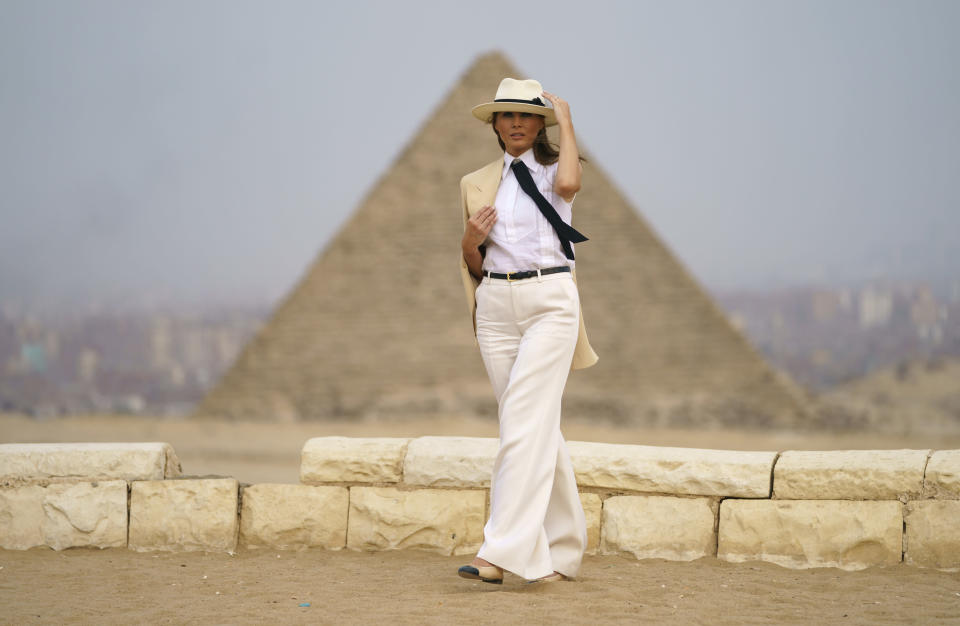 <p> First lady Melania Trump visits the historical site of the Giza Pyramids in Giza, near Cairo, Egypt. Saturday, Oct. 6, 2018. First lady Melania Trump is visiting Africa on her first big solo international trip. (AP Photo/Carolyn Kaster) </p>