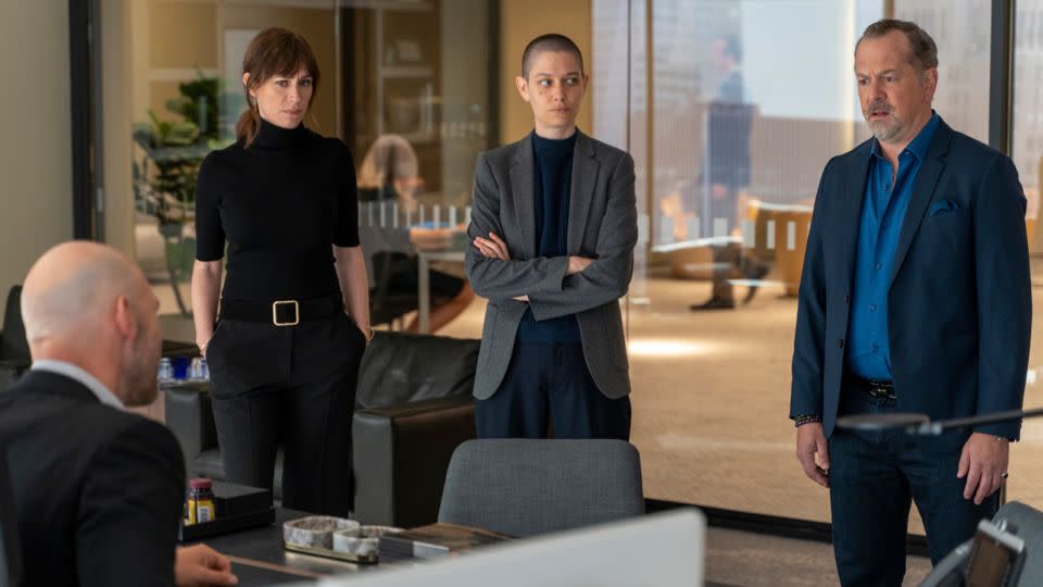 Maggie Siff as Wendy Rhoades, Asia Kate Dillon as Taylor Mason and David Costabile as Mike "Wags" Wagner in "Billions."  - Jeff Neumann/Showtime