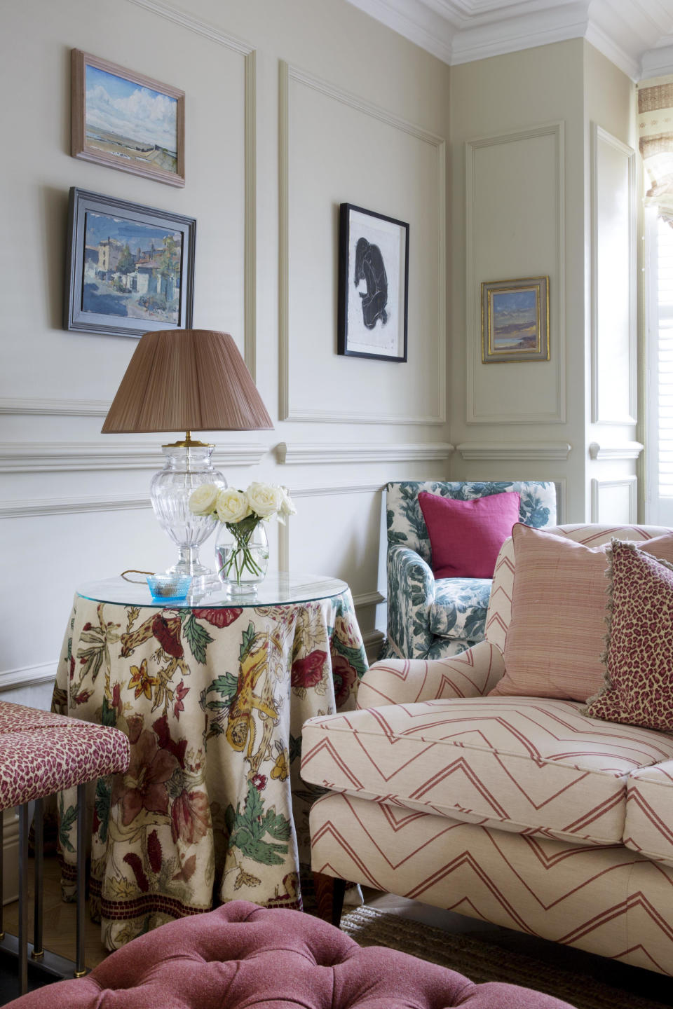 <p> Layering in a room is hugely important for adding both comfort and extra color and pattern. </p> <p> ‘A simple trick is a cloth-covered table – be it a console, center or side table,’ says Nicole Salvesen of Salvesen Graham. ‘This can be a traditional treatment with a generous bullion fringe around the bottom or more modern, with a pleated or graphic fabric. A long cover is also really useful for hiding things behind.' </p>