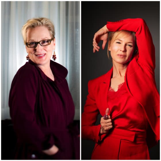 A diptych of Meryl Streep and Renee Zellweger for the Los Angeles Times' coverage of the 2021 Grammy nominations. Zellweger and Streep are both nominated in the Spoken Word category. Credit: Jay L. Clendenin/Los Angeles Times; Christina House / Los Angeles Times