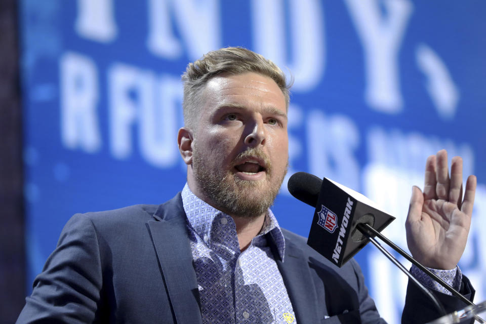 FILE - Former Indianapolis Colts player Pat McAfee announces the Colts' third round pick at the NFL football draft, April 26, 2019, in Nashville, Tenn. Retired NFL player Brett Favre filed a lawsuit against McAfee on Thursday, Feb. 9, 2023. The lawsuit accuses McAfee of defaming Favre in public discussions over misspending of welfare money in Mississippi.(AP Photo/Gregory Payan, File)