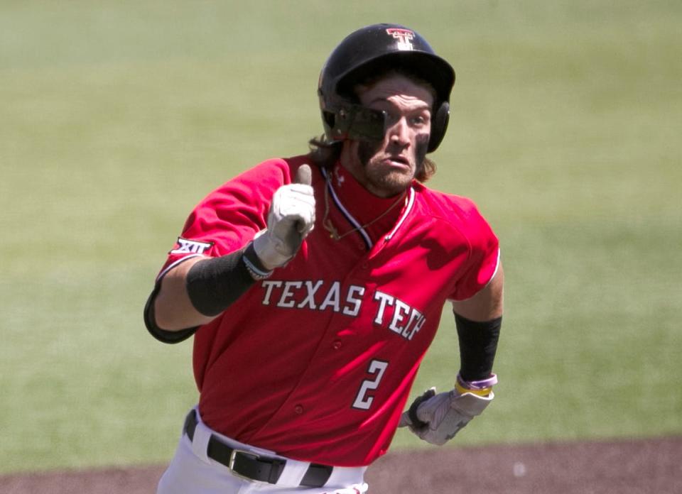 Texas Tech outfielder Gage Harrelson (2) circles the bases to score the first run in the Red Raiders' 8-5 victory Saturday against North Dakota State. Harrelson scored on a triple and an error by Bison left fielder Terrell Huggins.