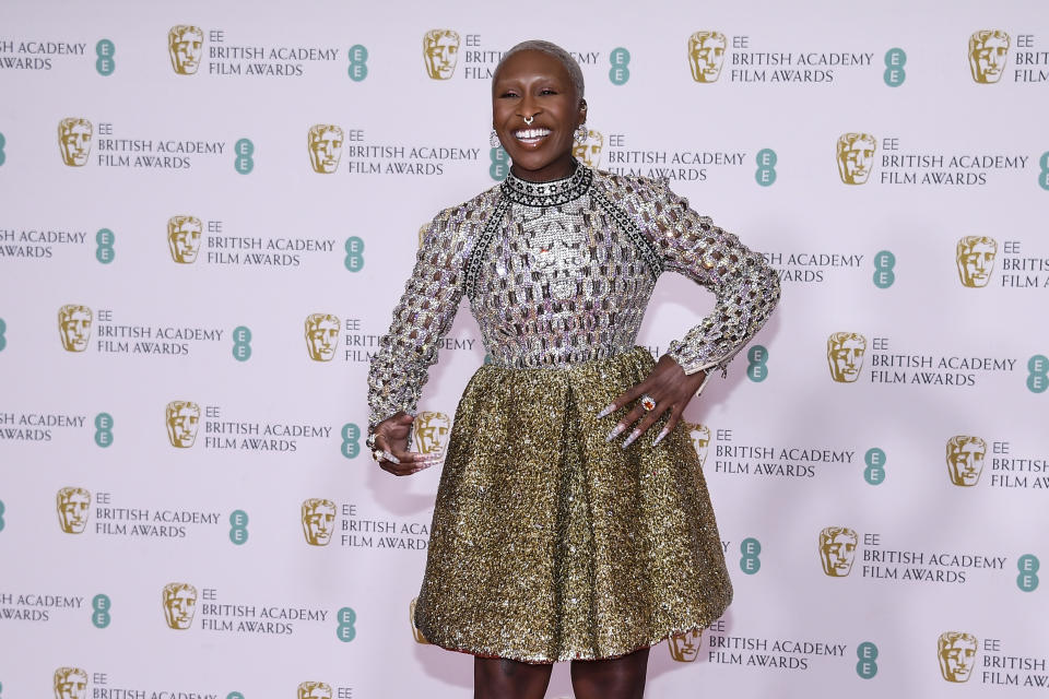 Actress Cynthia Erivo poses for photographers upon arrival at the Bafta Film Awards, in central London, Sunday, April 11 2021. (AP Photo/Alberto Pezzali)